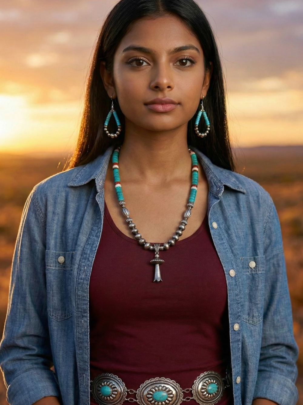 Vintage Native American Navajo Style Silver Turquoise Squash Blossom Necklace
